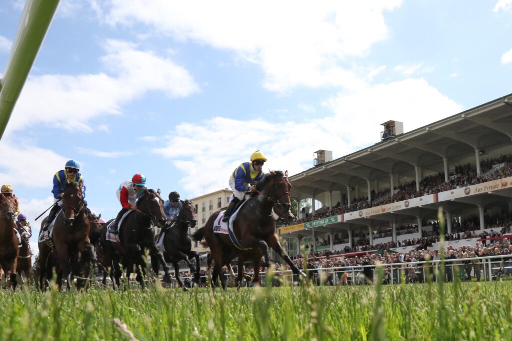 Das Starterfeld im IDEE 148. Deutschen Derby vor der Tribüne