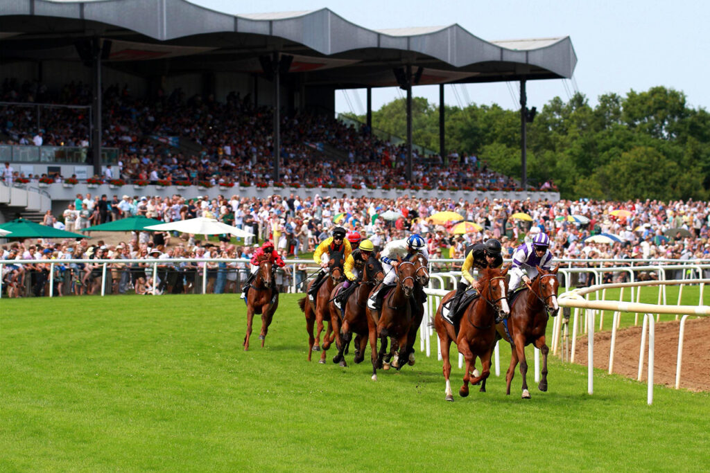Rennen vor der Tribüne der Galopprennbahn Neue Bult