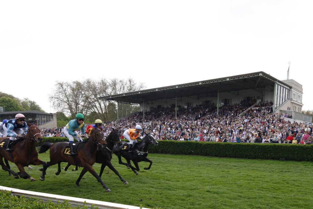 Pferde vor der Tribüne der Krefelder Rennbahn
