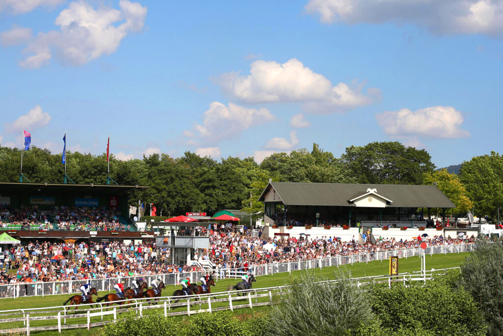 Galopprennen in Bad Harzburg mit Tribüne im Hintergrund