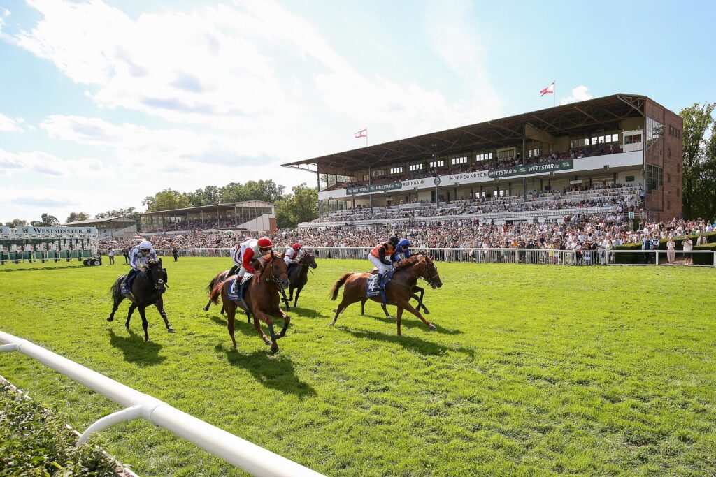 Die Pferde und Jockeys kurz nach dem Start vor den Tribünen