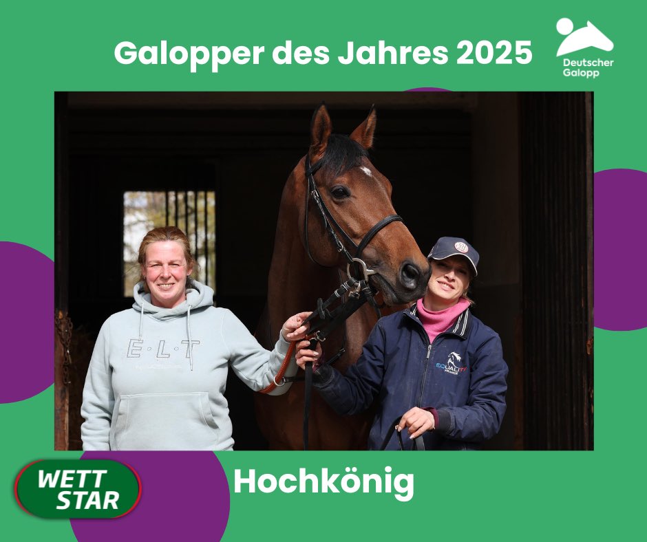 Hochkönig wird Galopper des Jahres 2025!
Mit 41,7 % der Stimmen wurde er von seinen Fans auf den ersten Platz gewählt. Dicht hinter ihm folgte Santagada mit 35,7 % und an dritter Stelle konnte sich mit 22,6 % Gostam positionieren. #hochkönig #gdj