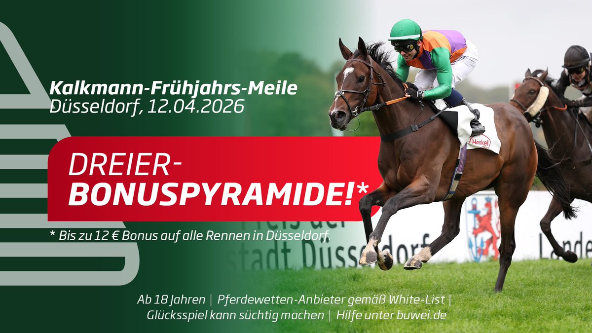 Zum Start in die Gruppe-Saison 2026 in Deutschland am 12. April 2026 präsentiert WETTSTAR die Bonuspyramide. Alle Infos: https://www.wettstar-pferdewetten.de/news?bonusaction 
Ab 18 Jahren | Pferde­wetten-Anbieter gemäß White-List | Glücksspiel kann süchtig machen | Hilfe unter http://buwei.de