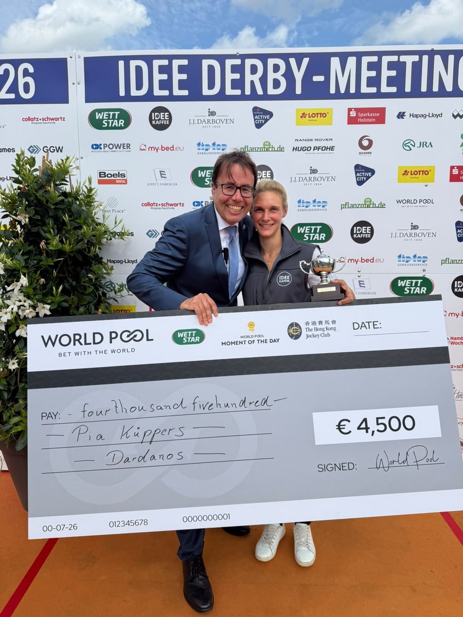 RT by @wettstar_de: 2026 Deutsches Derby #WorldPool Moment of the Day and €4,500 prize goes to DARDANOS! 🏆 Collected by groom Pia Kueppers, presented by @thcastle. 🤝